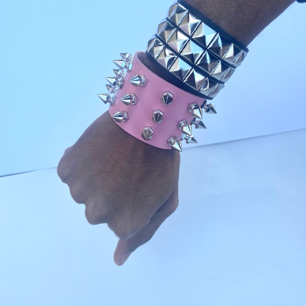 2 pcs Gothic PU leather Studded Spike bracelets , Pink and Black Punk Grunge